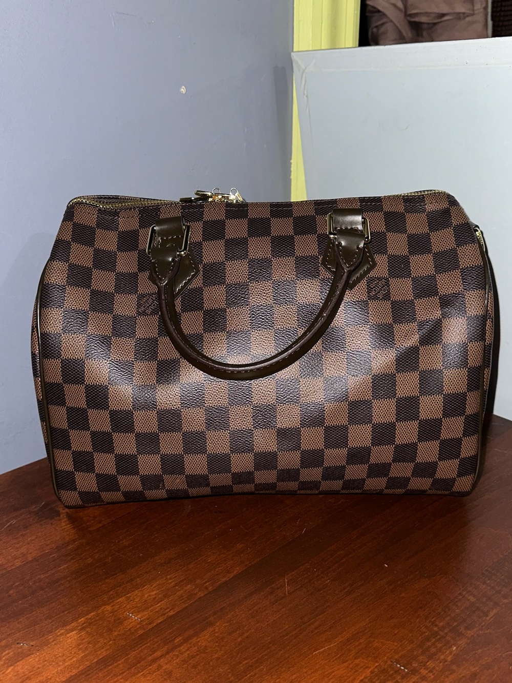 Brown checkered satchel